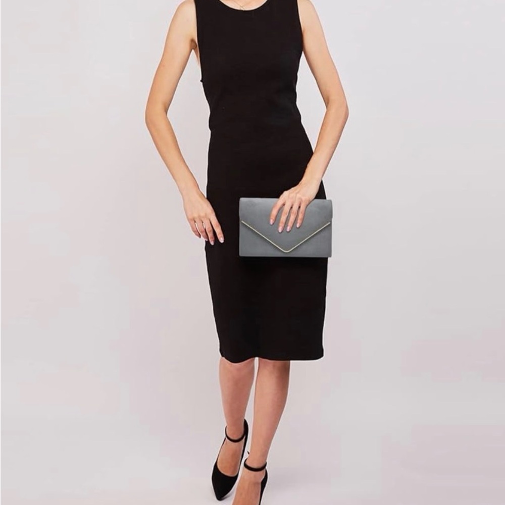 Elegant Gray Suede Clutch with Gold Chain